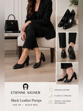 Etienne Aigner Black Leather Pumps Size 7M Classic Block Heel Career Shoes